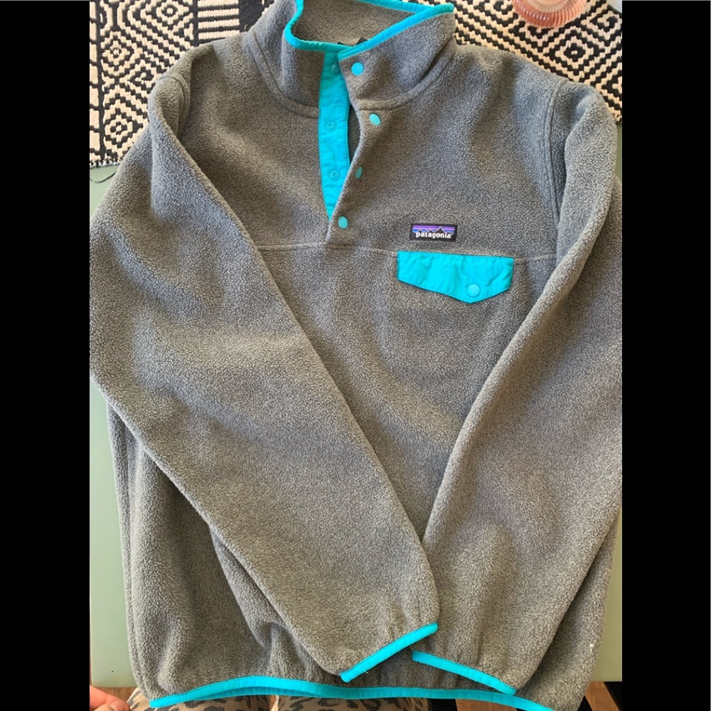 Gray and teal Patagonia-fleece pullover!